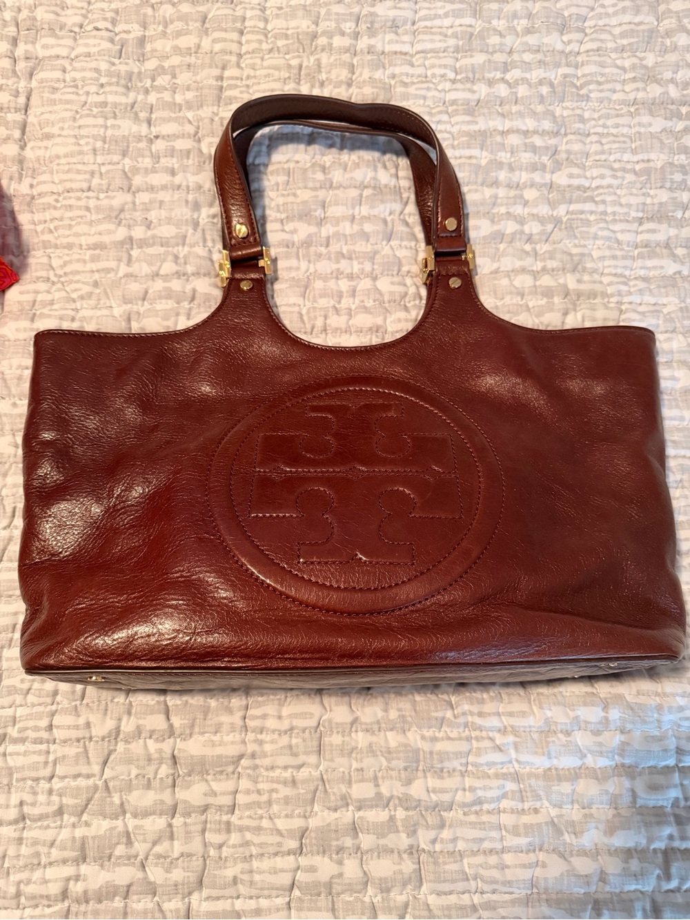 Tory Burch Burgundy Leather Tote with Raised Logo